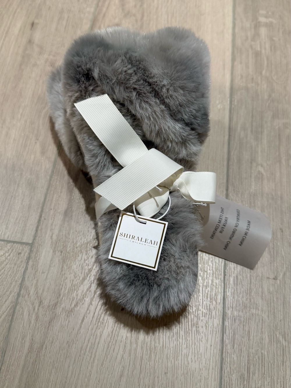 Shiraleah Gray Plush Fur Slide Slippers with Ribbon Accent SMALL/MEDIUM